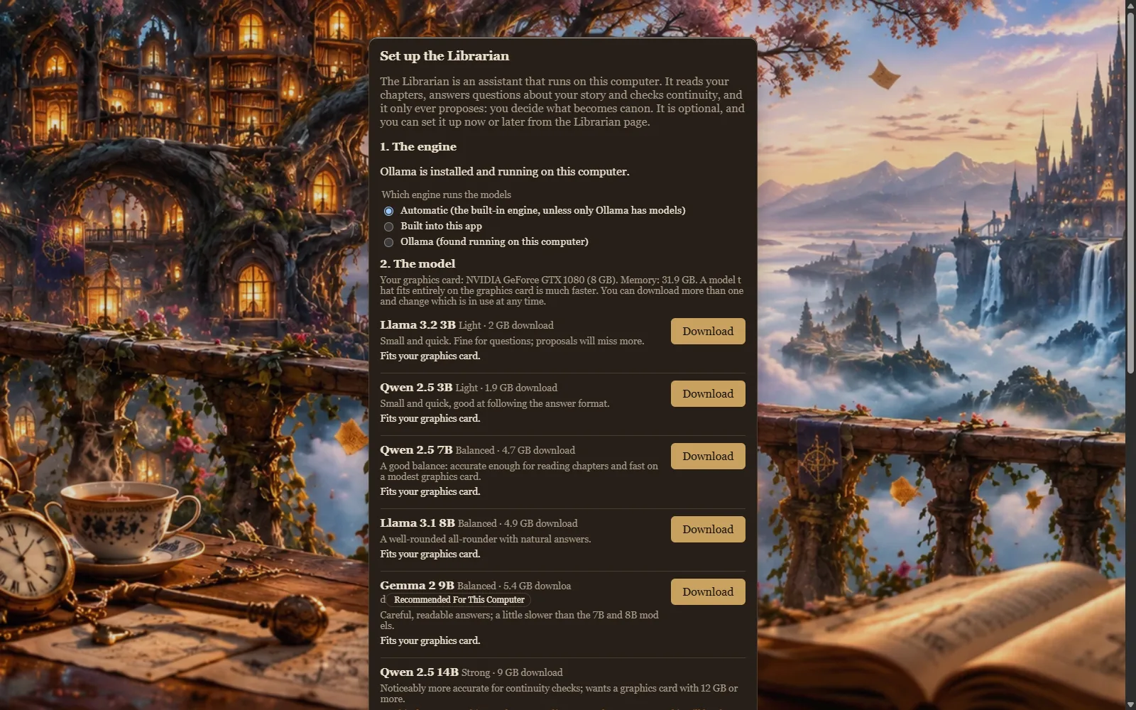 Setting up the Librarian: a list of AI models with download sizes, marked by whether they fit the computer's graphics card.