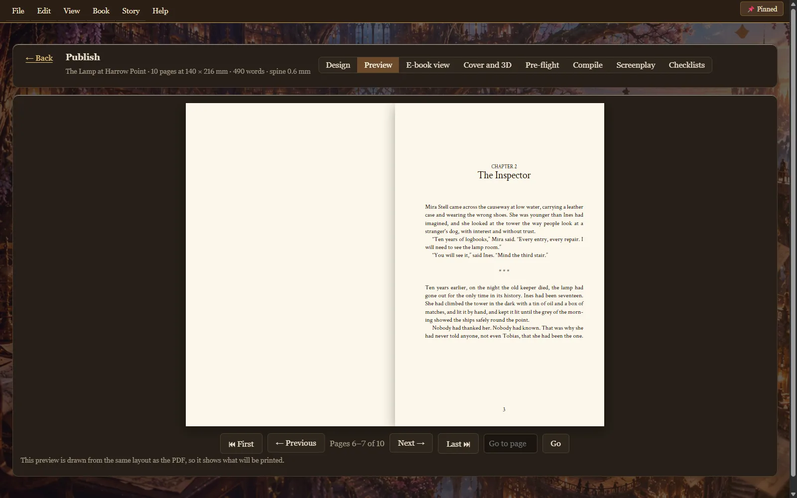 The print preview showing a typeset two-page spread beginning Chapter 2, The Inspector.