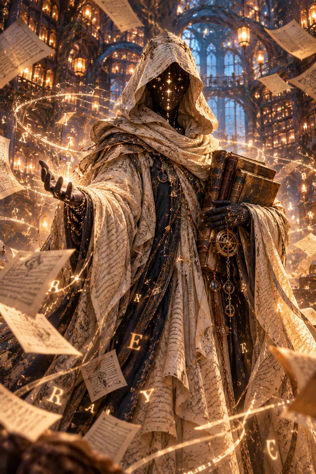 A hooded figure in robes covered with handwriting holds a stack of old books, surrounded by floating pages and glowing letters in a candlelit library.
